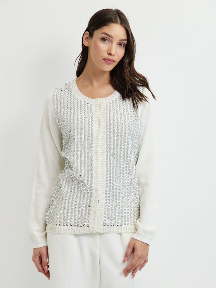 עליונית סריג שילוב דמוי פנינים בצבע אופוויט