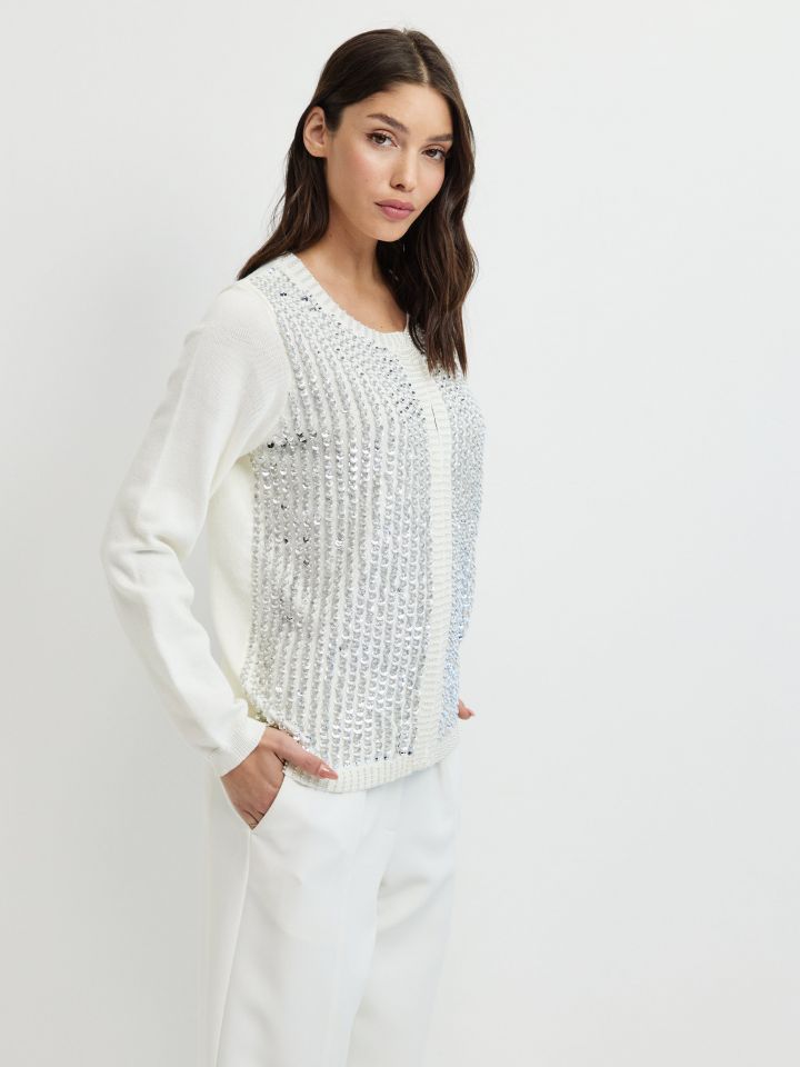 עליונית סריג שילוב דמוי פנינים בצבע אופוויט