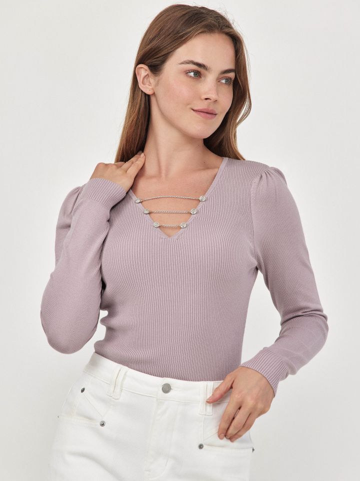 סריג ריב V פתח שרשרת PROMO בצבע ורוד מעושן