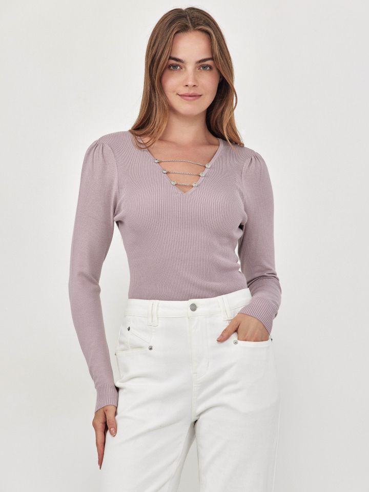 סריג ריב V פתח שרשרת PROMO בצבע ורוד מעושן