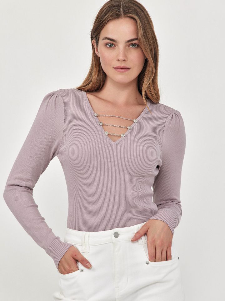 סריג ריב V פתח שרשרת PROMO בצבע ורוד מעושן