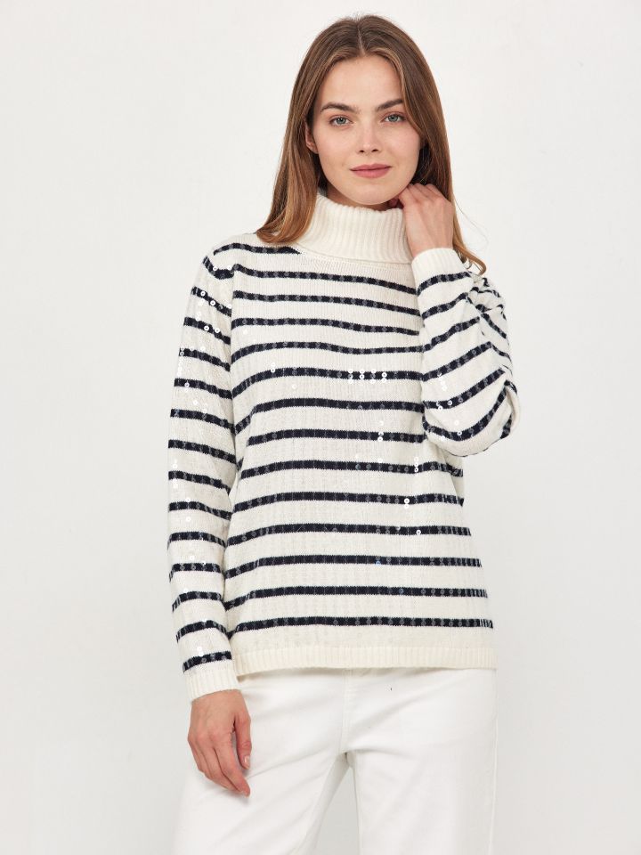 סריג גולף פסים פייטים בצבע אופוויט