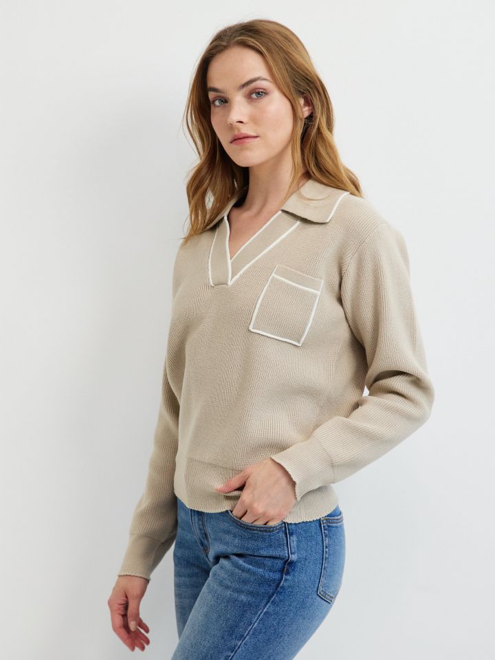 סריג צוארון שילוב + כיס בצבע בייז מלנג’