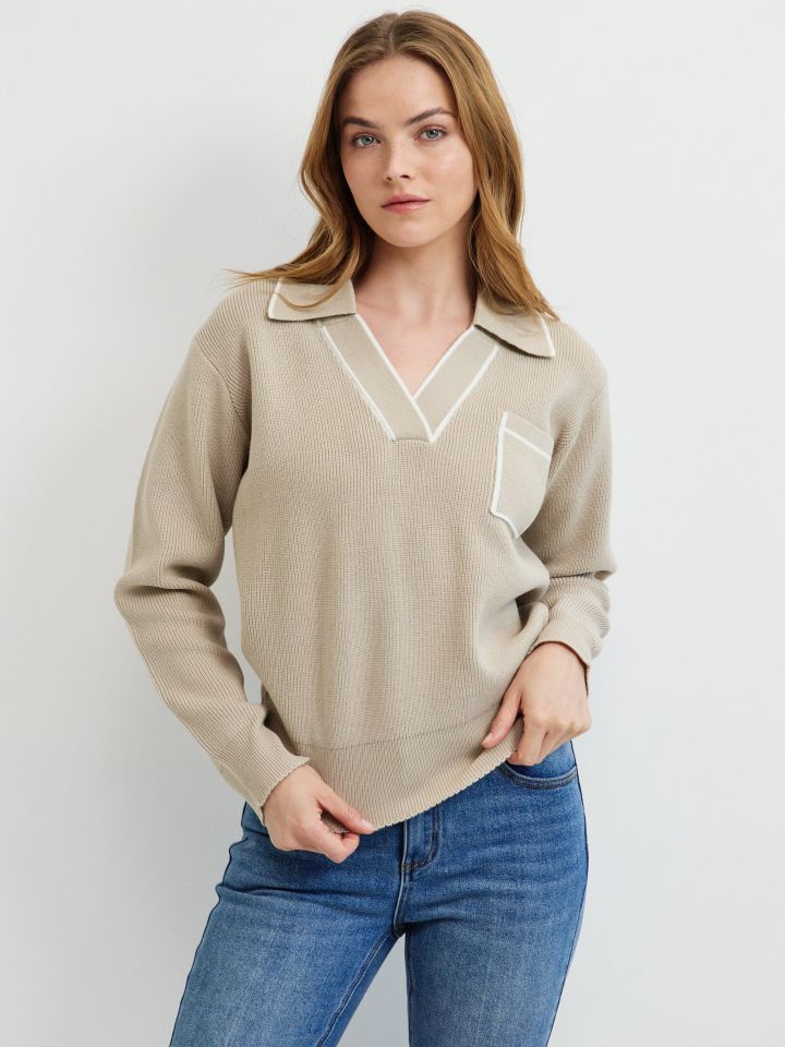 סריג צוארון שילוב + כיס בצבע בייז מלנג’