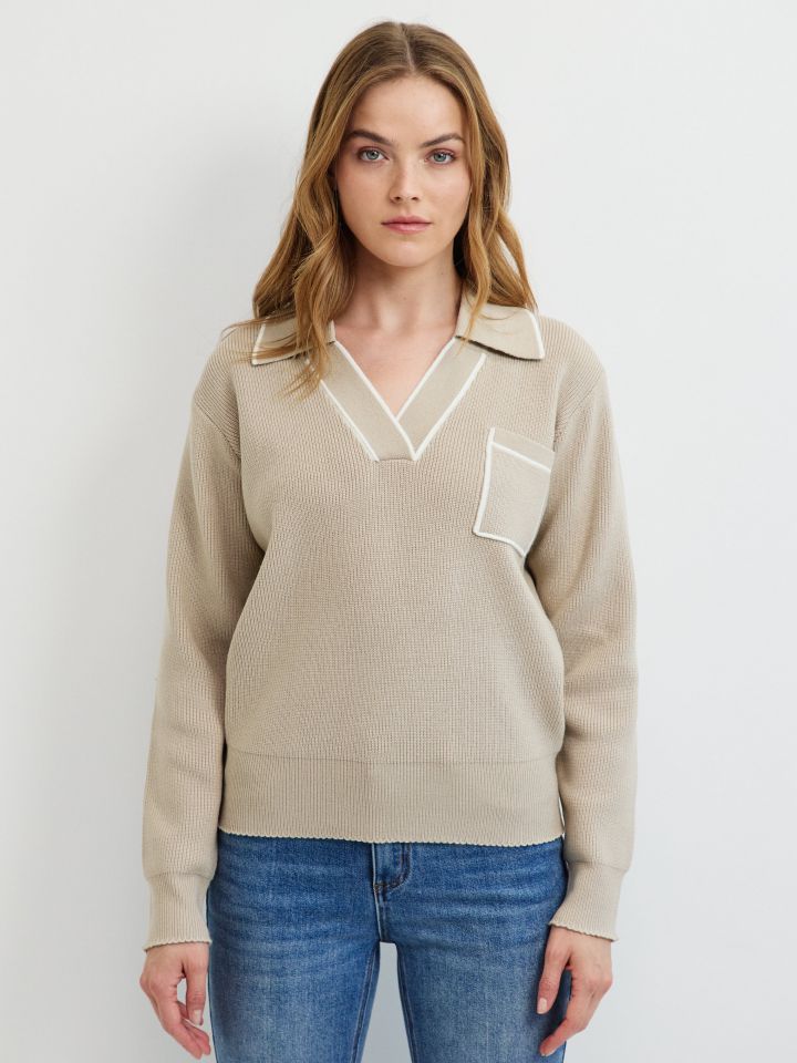 סריג צוארון שילוב + כיס בצבע בייז מלנג’