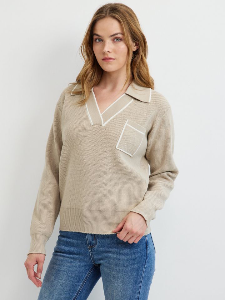 סריג צוארון שילוב + כיס בצבע בייז מלנג’