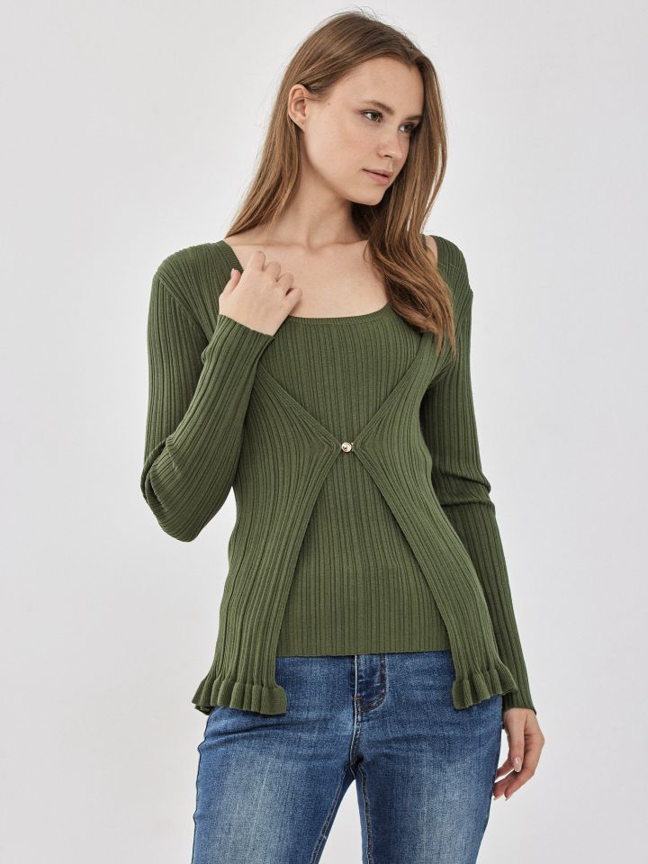 טווין סט סריג פתח אבזם בצבע ירוק דשא