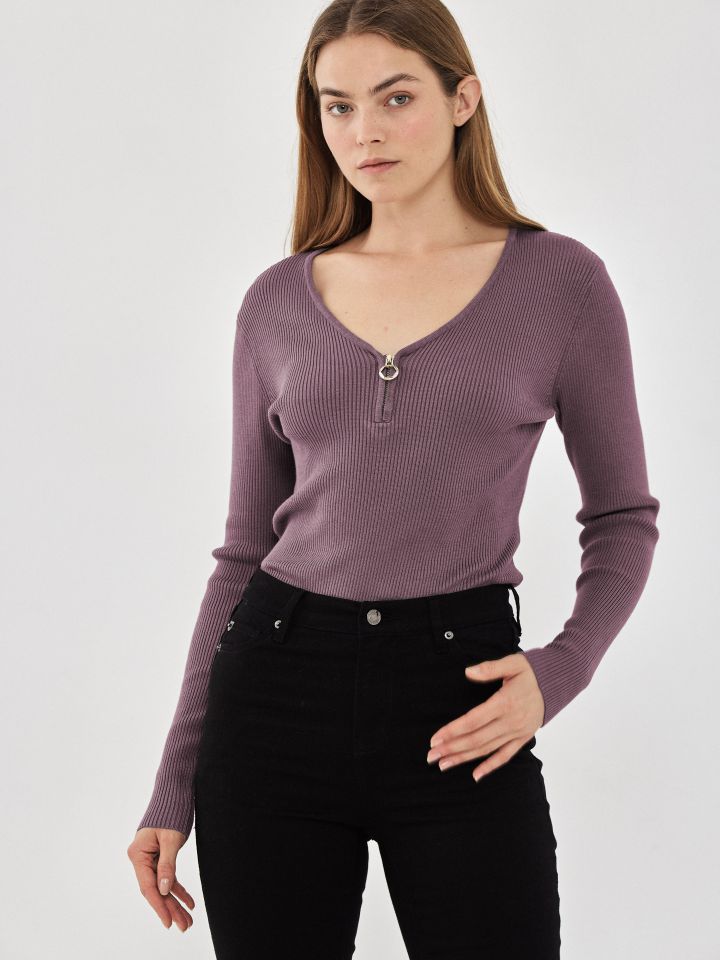 סריג V רוכסן PROMO בצבע ורוד מעושן