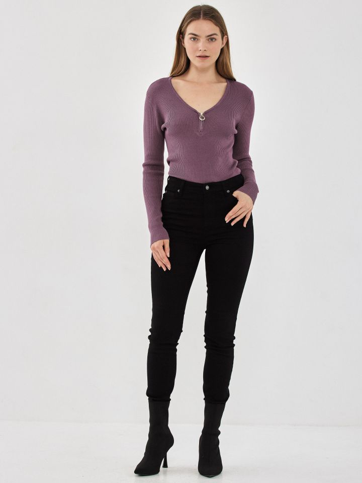 סריג V רוכסן PROMO בצבע ורוד מעושן