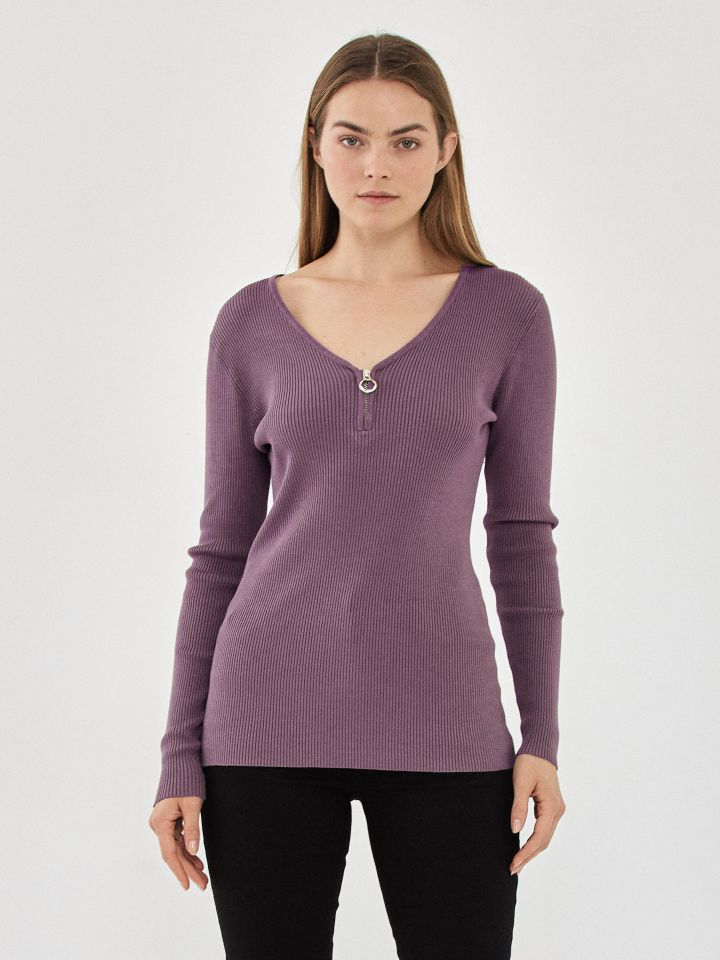 סריג V רוכסן PROMO בצבע ורוד מעושן