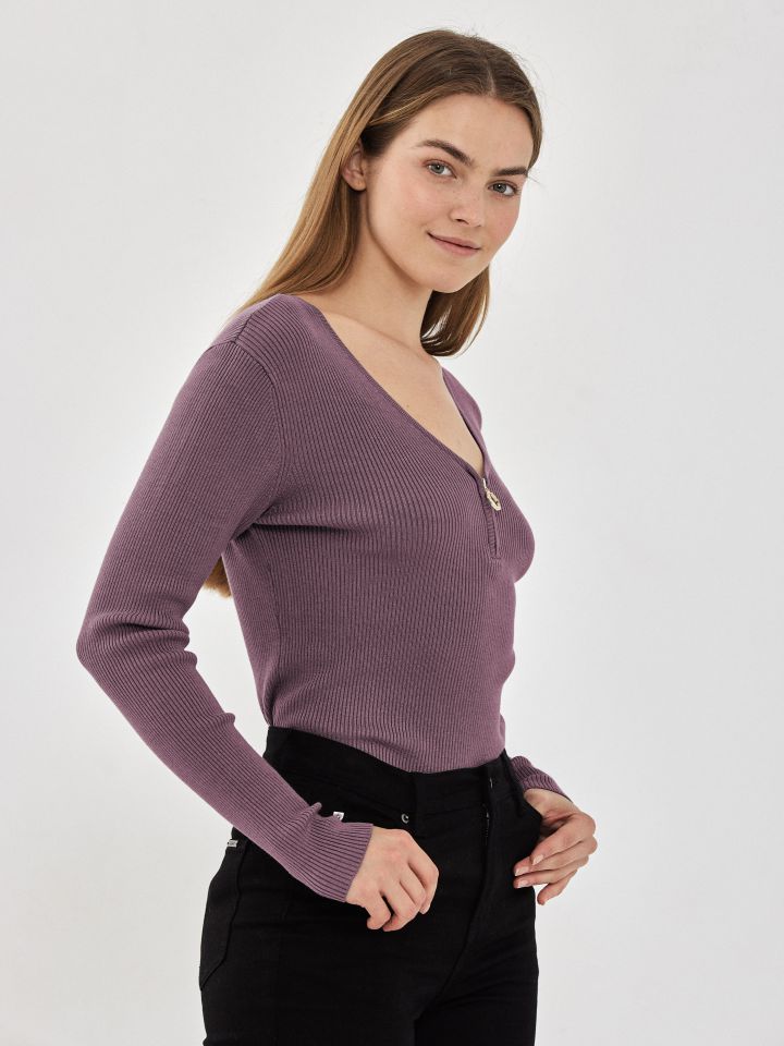 סריג V רוכסן PROMO בצבע ורוד מעושן