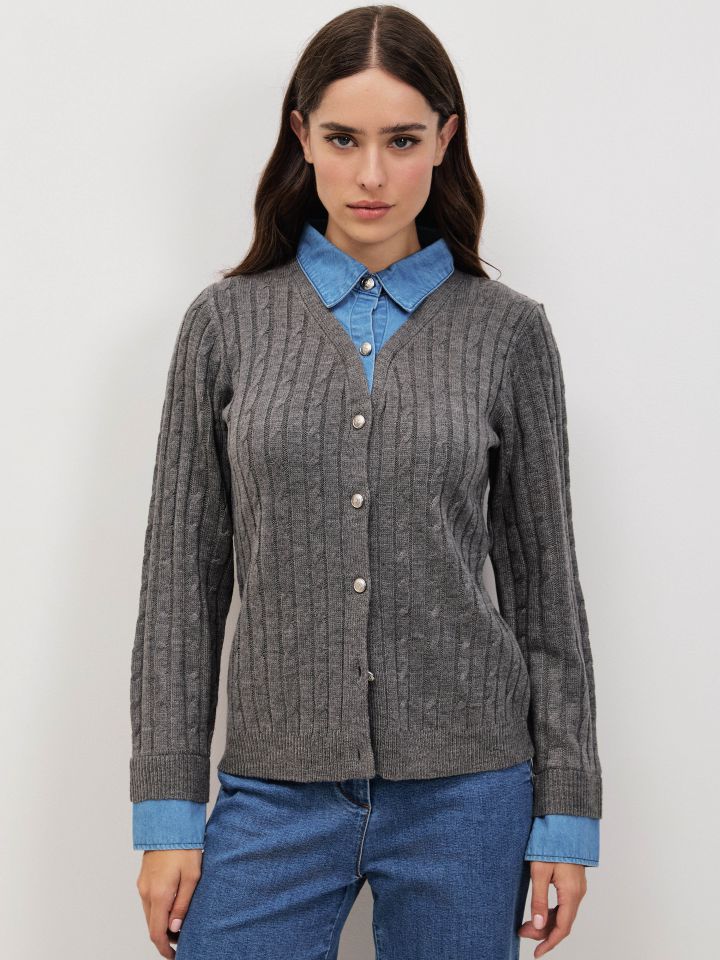 סריג שילוב צוארון ג’ינס בצבע אפור מלאנז בינוני