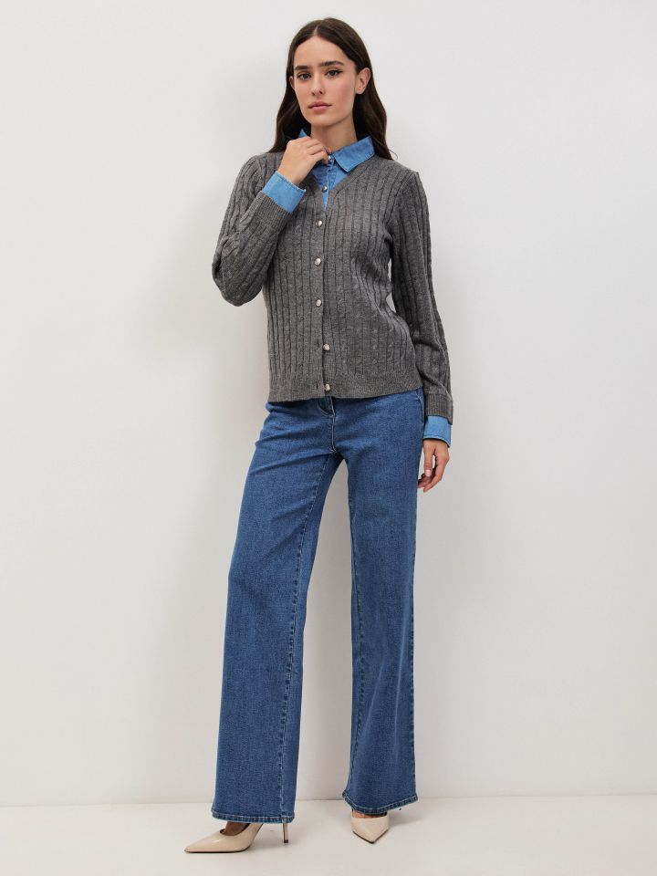 סריג שילוב צוארון ג’ינס בצבע אפור מלאנז בינוני