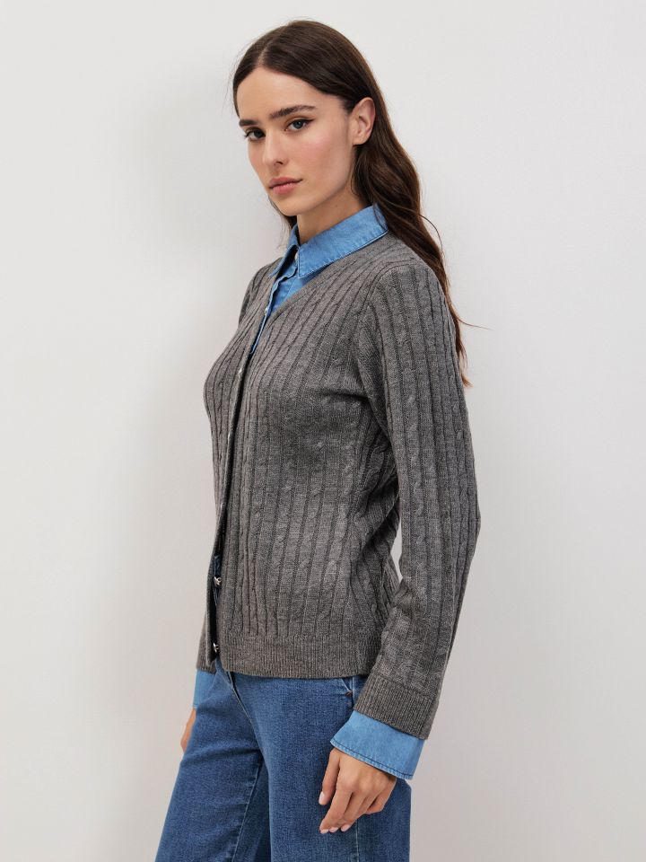 סריג שילוב צוארון ג’ינס בצבע אפור מלאנז בינוני