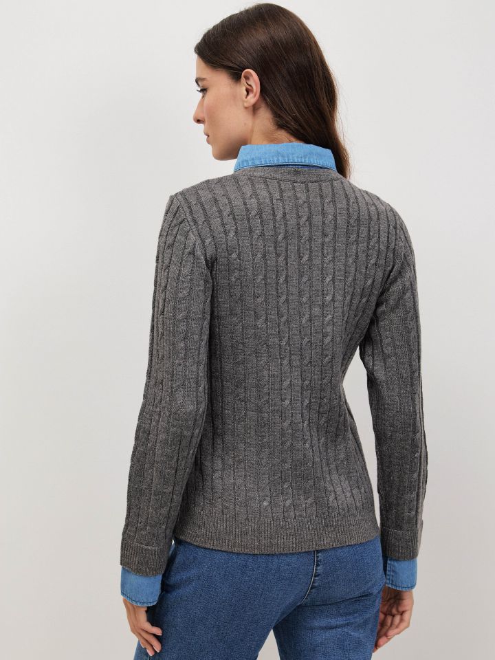 סריג שילוב צוארון ג’ינס בצבע אפור מלאנז בינוני