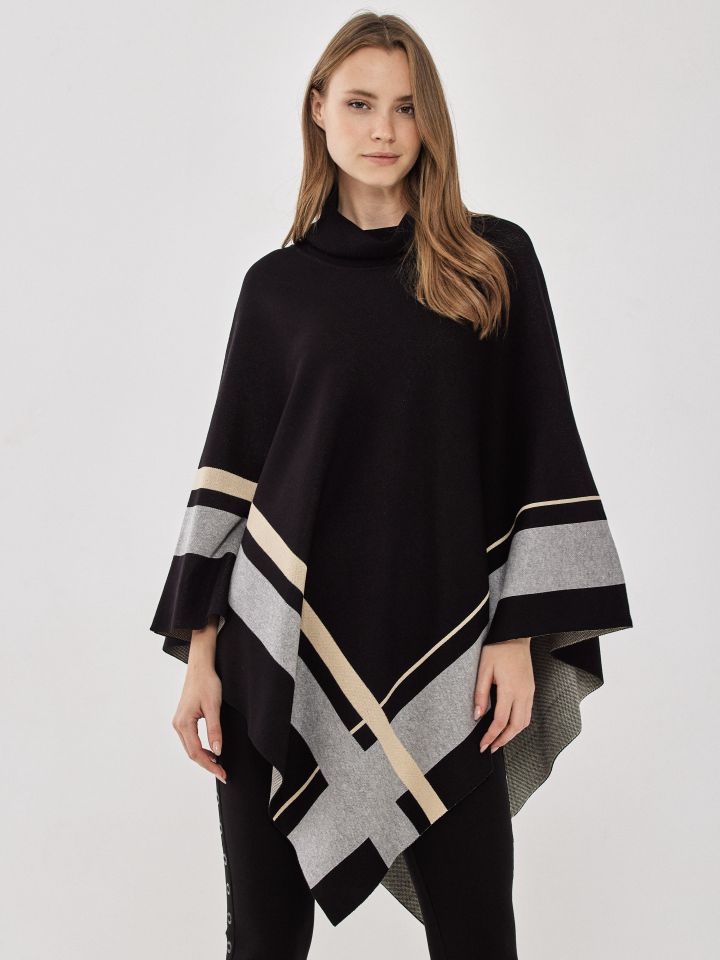 פונצ’ו סריג שילוב פסים בצבע שחור