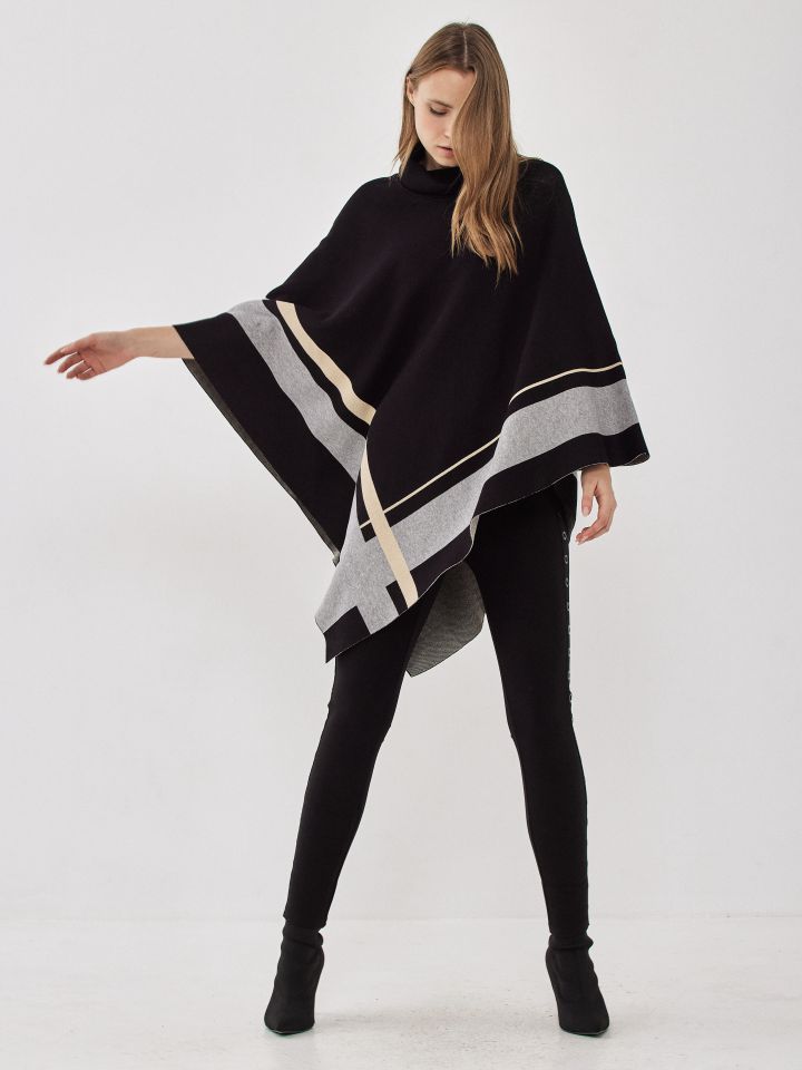 פונצ’ו סריג שילוב פסים בצבע שחור