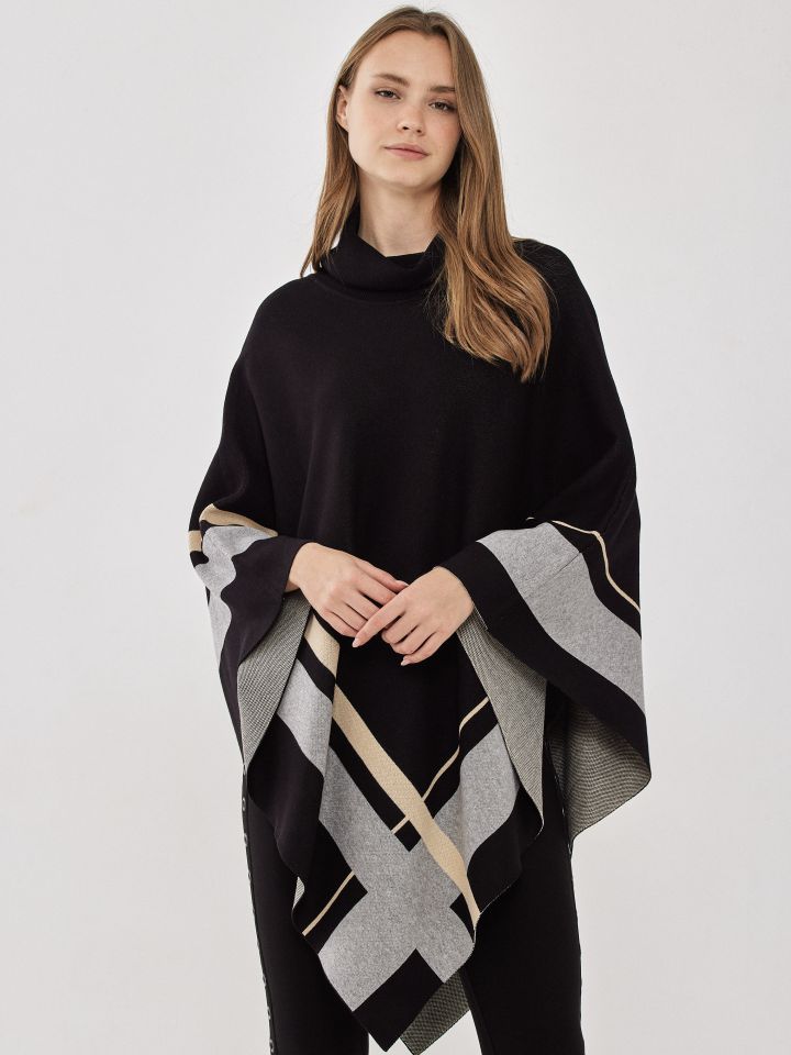 פונצ’ו סריג שילוב פסים בצבע שחור