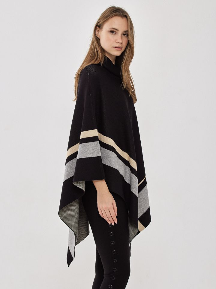 פונצ’ו סריג שילוב פסים בצבע שחור