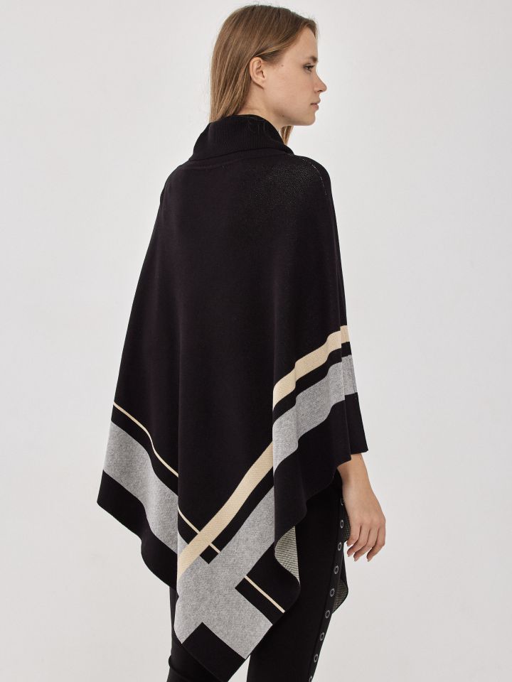 פונצ’ו סריג שילוב פסים בצבע שחור