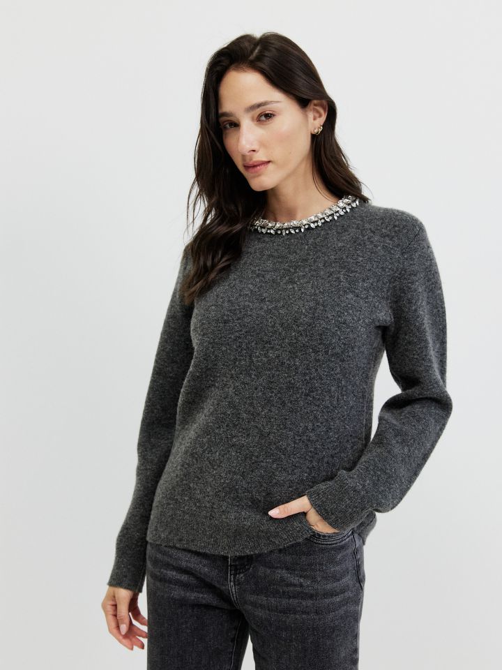 סריג פתח דמוי יהלומים בצבע אפור מלאנז בינוני