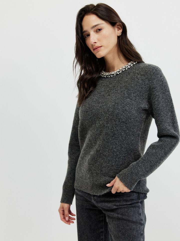 סריג פתח דמוי יהלומים בצבע אפור מלאנז בינוני