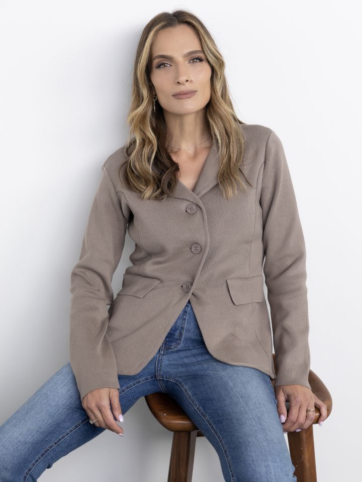 ג’קט סריג כיסים בצבע חום מלנג’