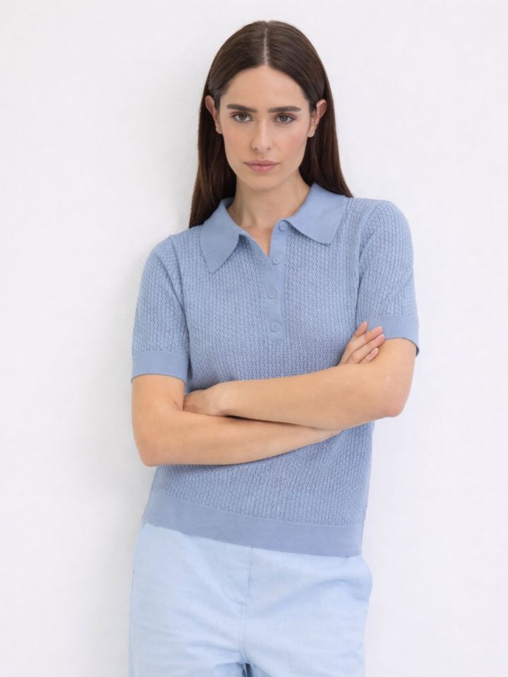 סריג צוארון שינה רשת בצבע תכלת מעושן
