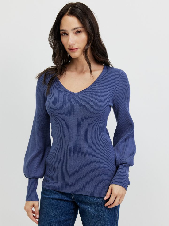 סריג V כפתורים PROMO בצבע כחול מעושן