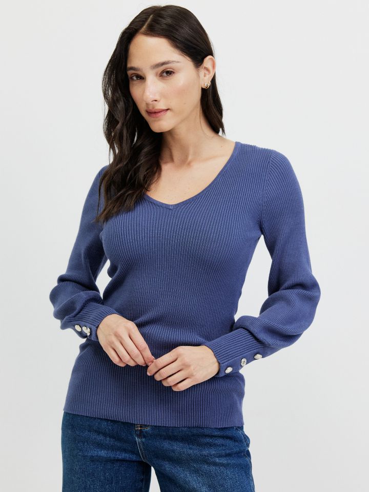 סריג V כפתורים PROMO בצבע כחול מעושן