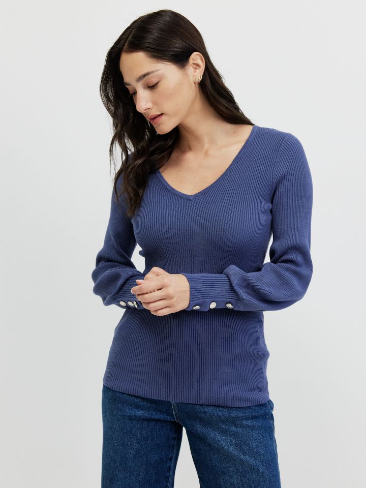 סריג V כפתורים PROMO בצבע כחול מעושן