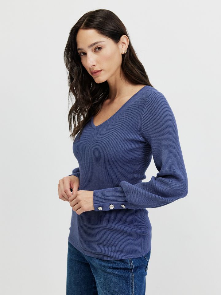 סריג V כפתורים PROMO בצבע כחול מעושן