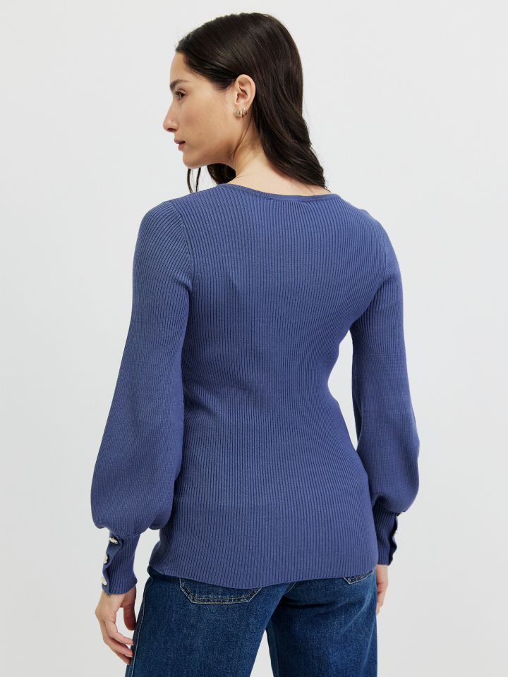 סריג V כפתורים PROMO בצבע כחול מעושן