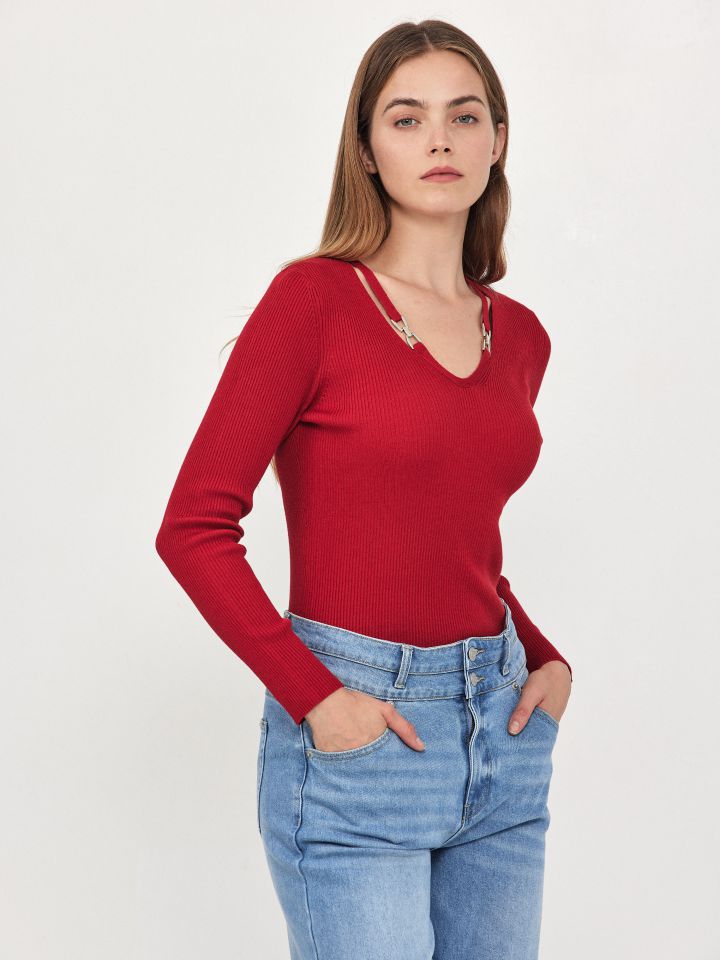 סריג V זוג אבזמים PROMO בצבע אדום מלבורו