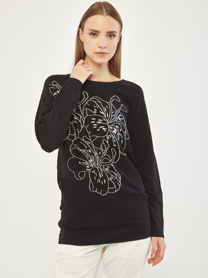 סריג ריקמות שנור פרחים בצבע שחור