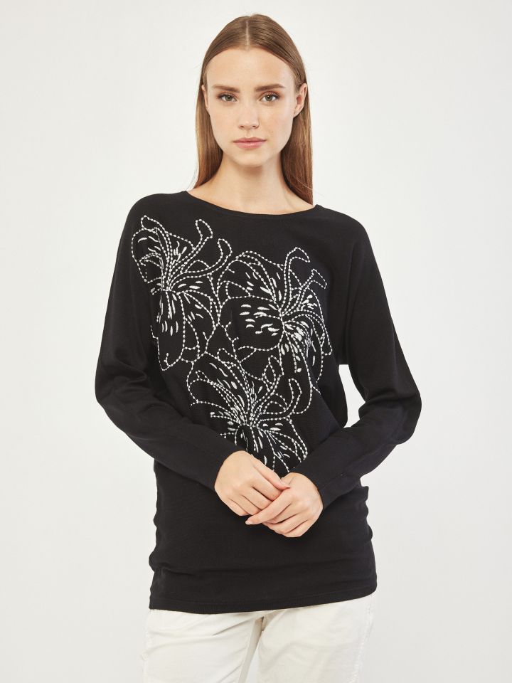 סריג ריקמות שנור פרחים בצבע שחור