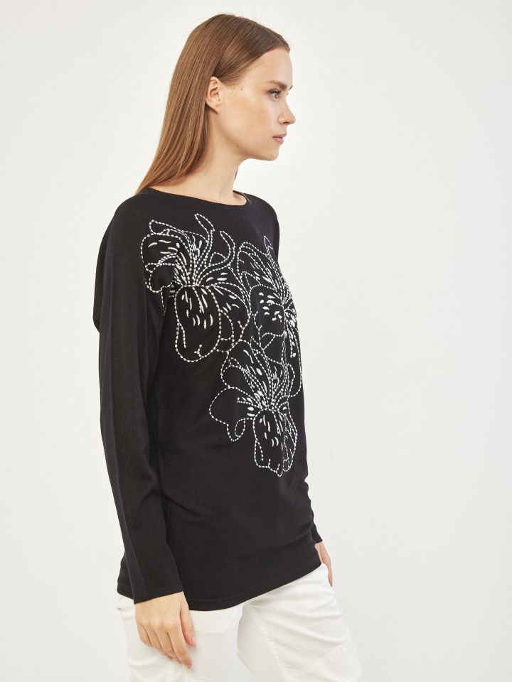 סריג ריקמות שנור פרחים בצבע שחור