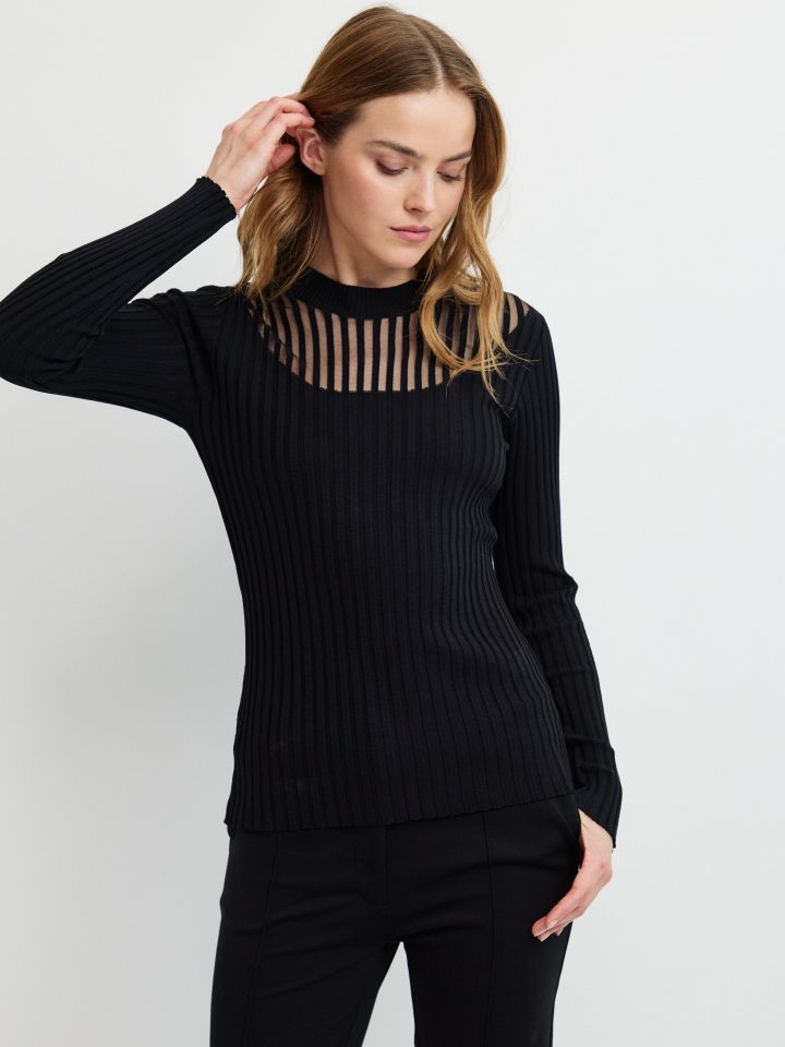 סריג שילוב פסים שקופים בצבע שחור