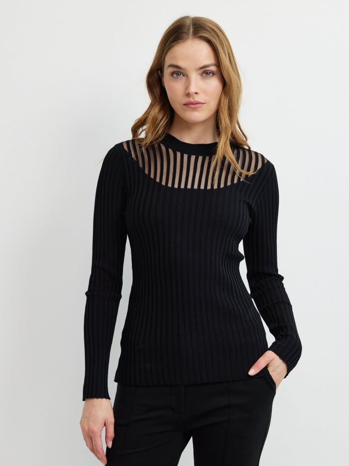 סריג שילוב פסים שקופים בצבע שחור