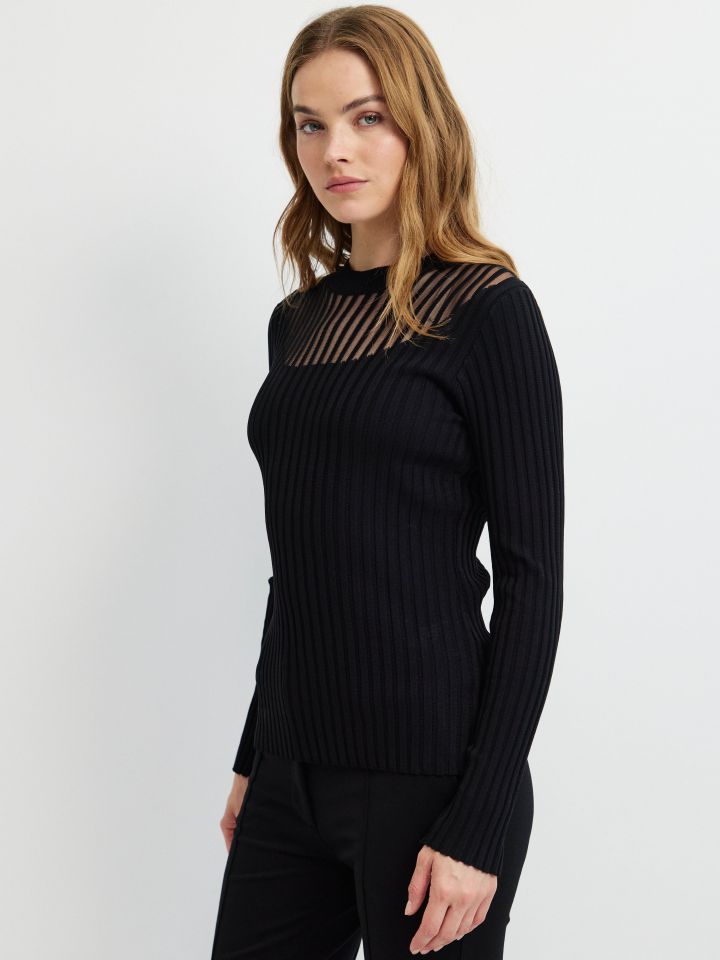 סריג שילוב פסים שקופים בצבע שחור