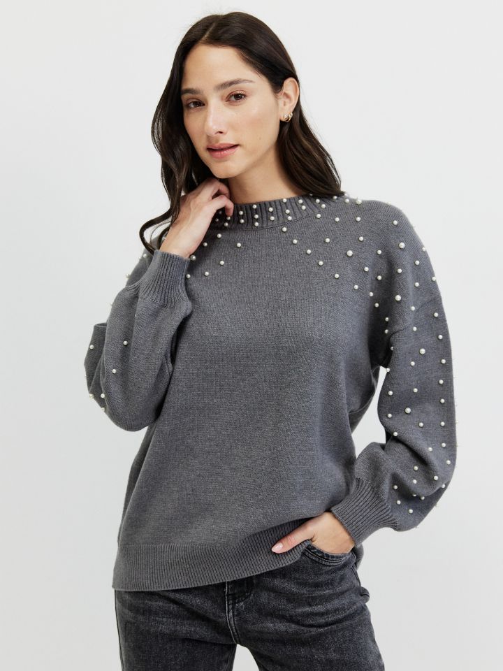 סריג פתח דמוי פנינים בצבע אפור מלאנז בינוני