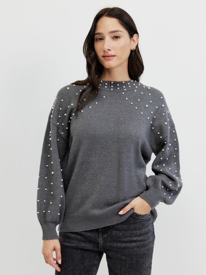 סריג פתח דמוי פנינים בצבע אפור מלאנז בינוני