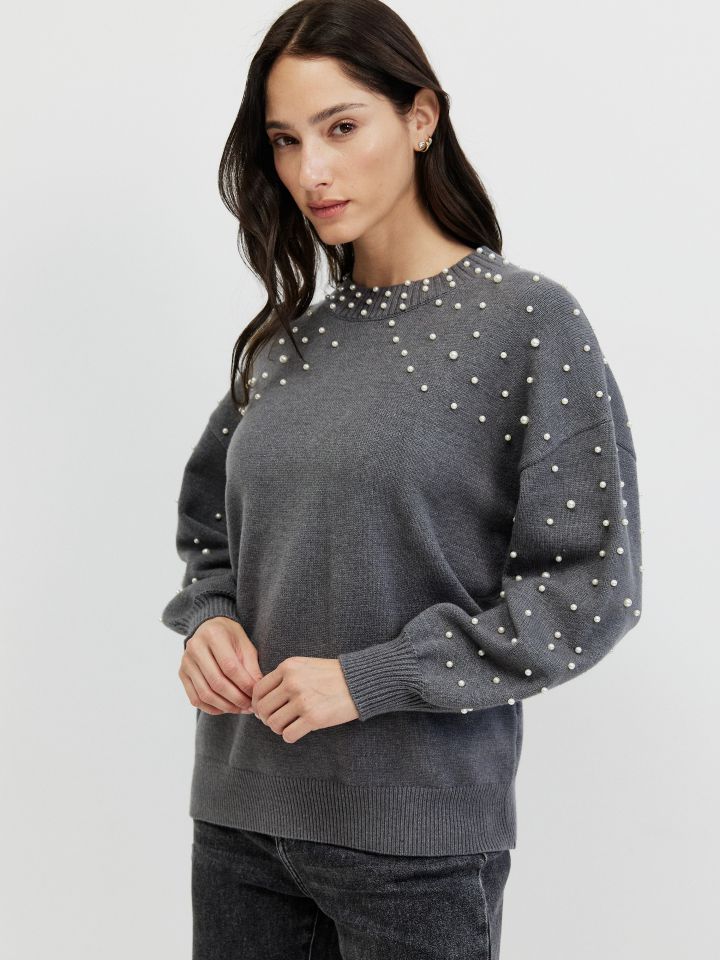 סריג פתח דמוי פנינים בצבע אפור מלאנז בינוני