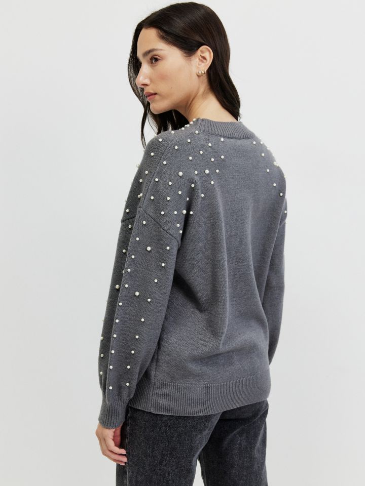 סריג פתח דמוי פנינים בצבע אפור מלאנז בינוני