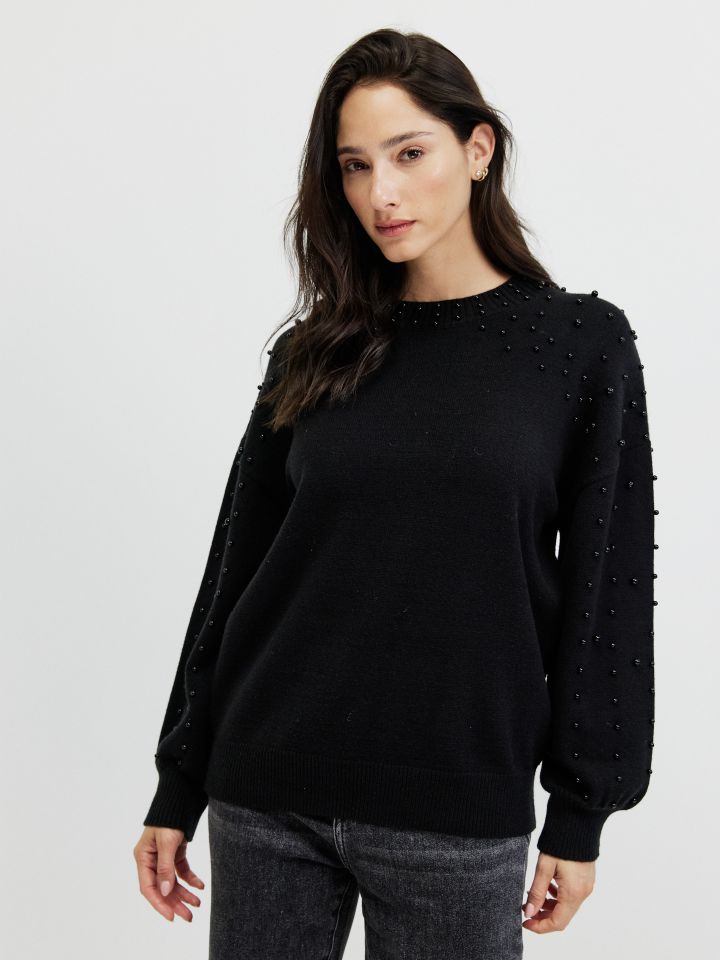 סריג פתח דמוי פנינים בצבע שחור