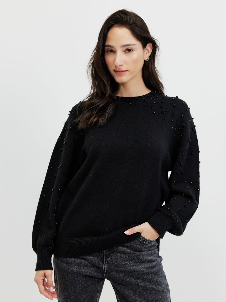 סריג פתח דמוי פנינים בצבע שחור