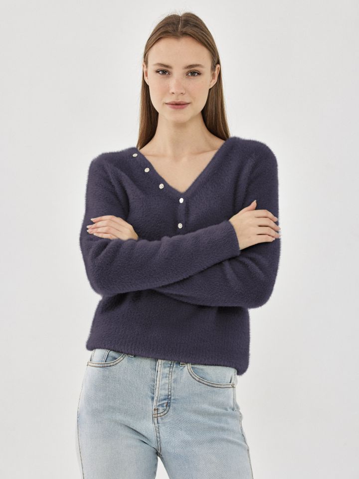 סריג מראה שאניל פתח לחצניות בצבע אפור