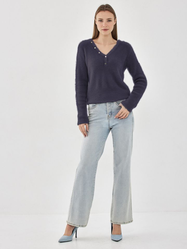 סריג מראה שאניל פתח לחצניות בצבע אפור