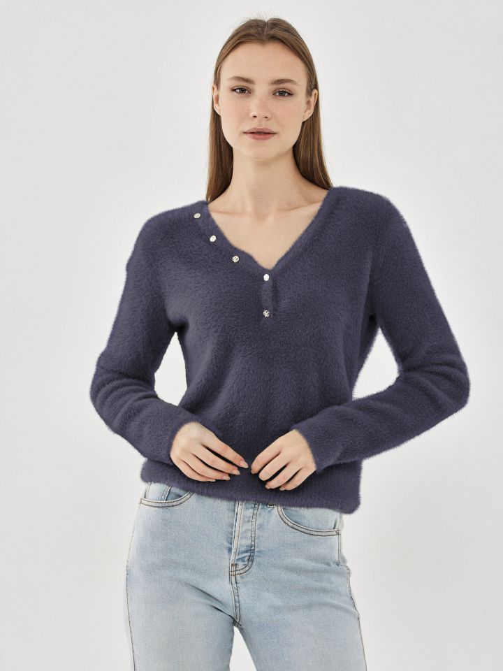 סריג מראה שאניל פתח לחצניות בצבע אפור