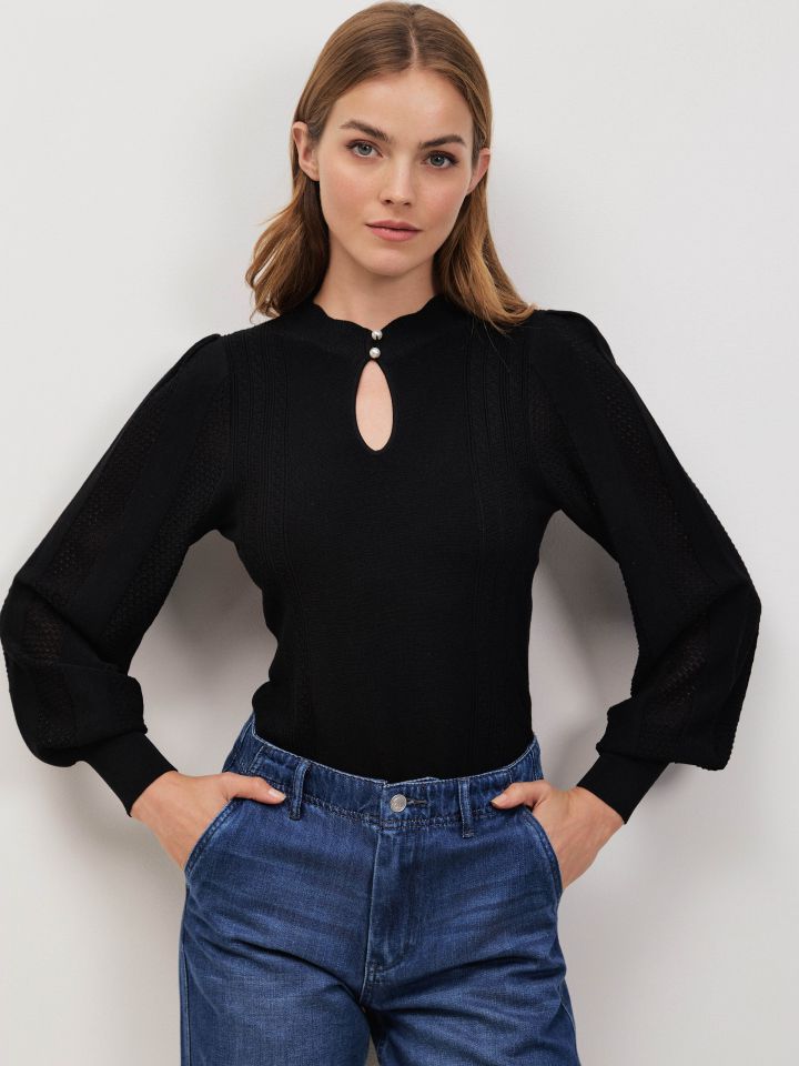 סריג פתח דמוי פנינים בצבע שחור